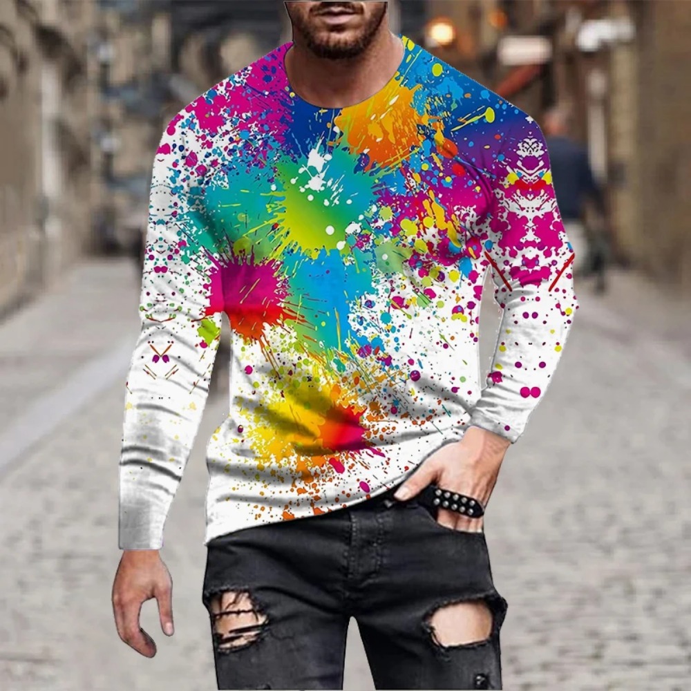 Men'S Fashion For Summer 2026 - Heren T-shirt met regenboogverfspatten, 3D-print, lange