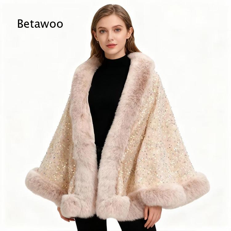 Mens Fashion Poncho - Dames korte poncho cape met bontkraag,
