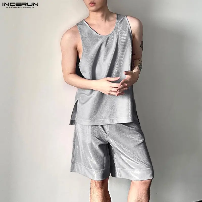 Men'S Fashion For Summer 2026 - INCERUN Heren Sets Glanzend Effen O-hals