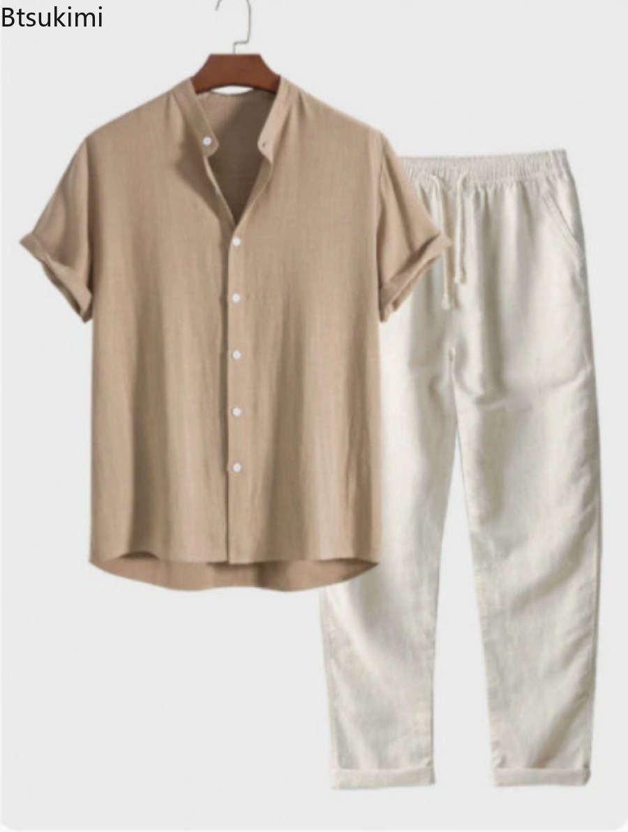 Linen Shirt Summer - 2026 Herenmode Effen Strand Tweedelig Set