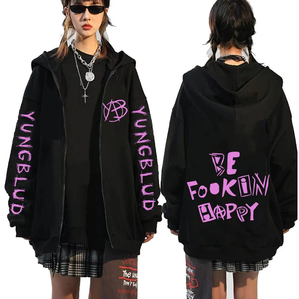 Mens Fashion Zip Up Hoodies - Rockzanger Yungblud Be Fookin Happy Zipper